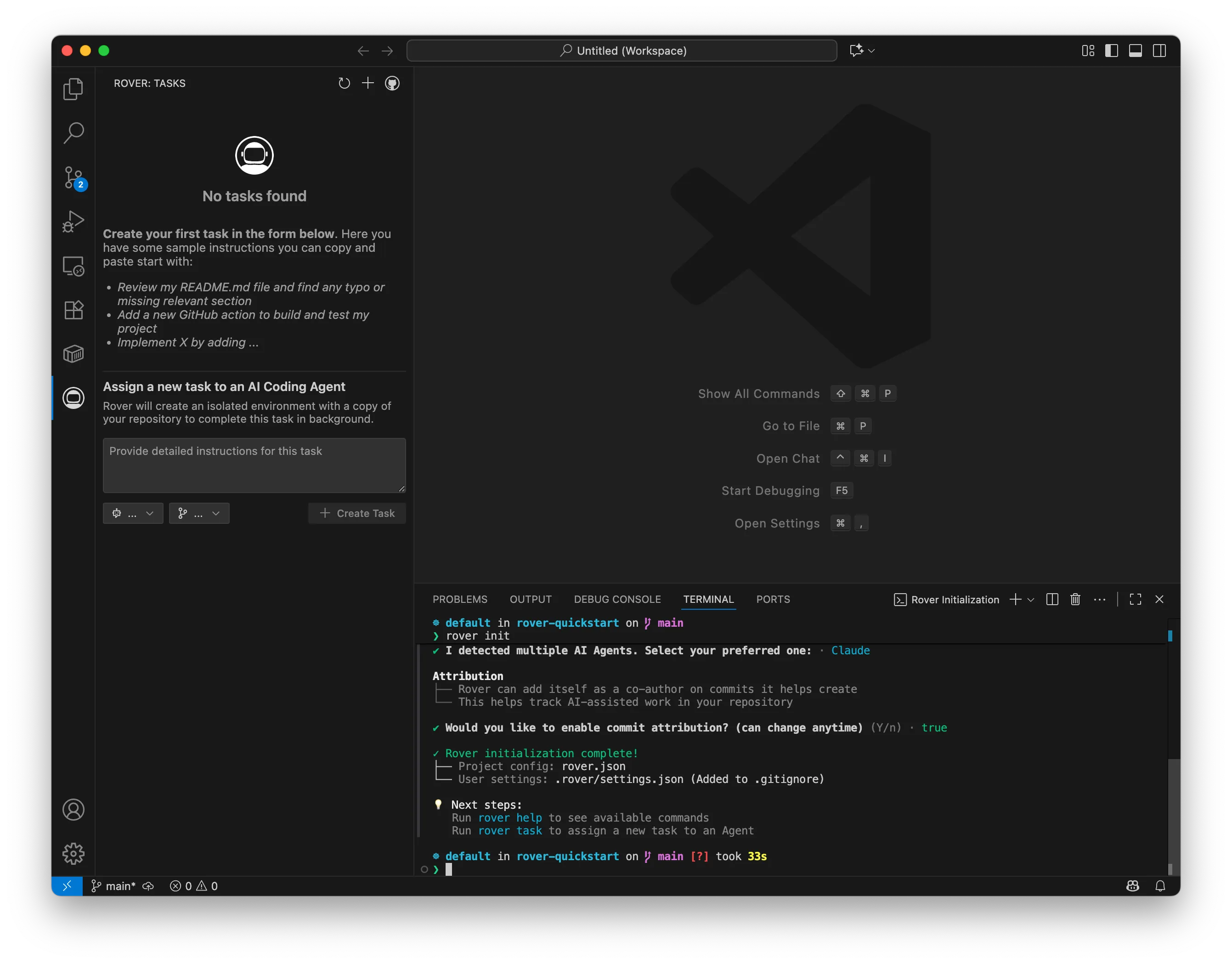 Screenshot showing Rover fully initialized
